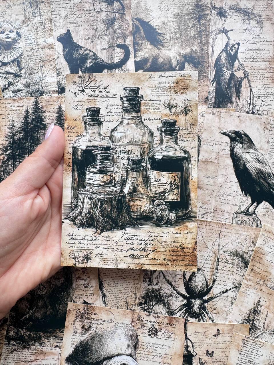 Set of 20 Gothic Vintage Postcards, Dark Witchy Ephemera, Raven Owl Snake Spider Prints, Junk Journal Scrapbooking, 14.5 x 10 cm