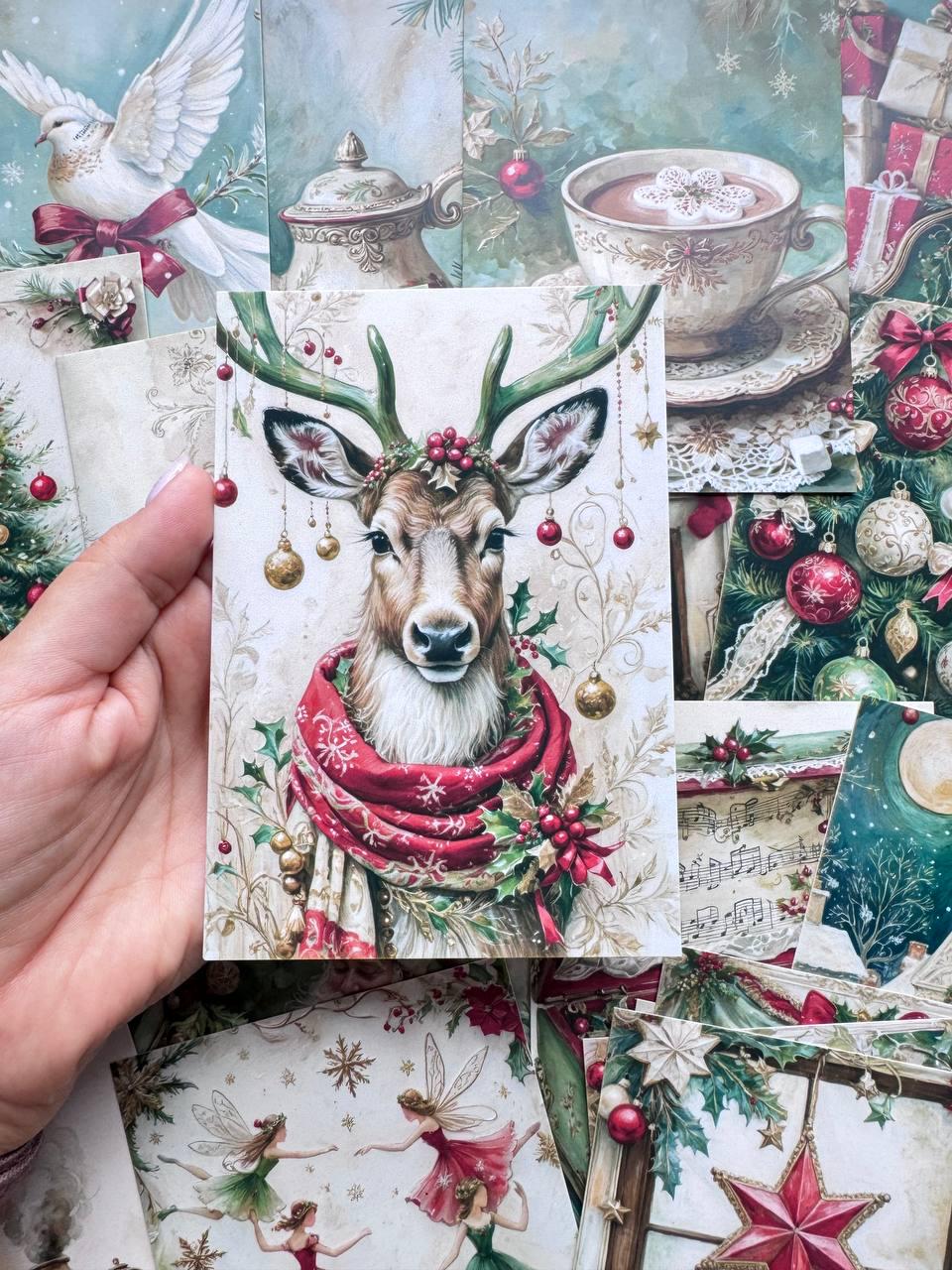 Set of 20 Vintage Christmas Postcards, Festive Winter Ephemera, Santa Reindeer & Holiday Cards, Junk Journal Supplies, 14.5 x 10 cm