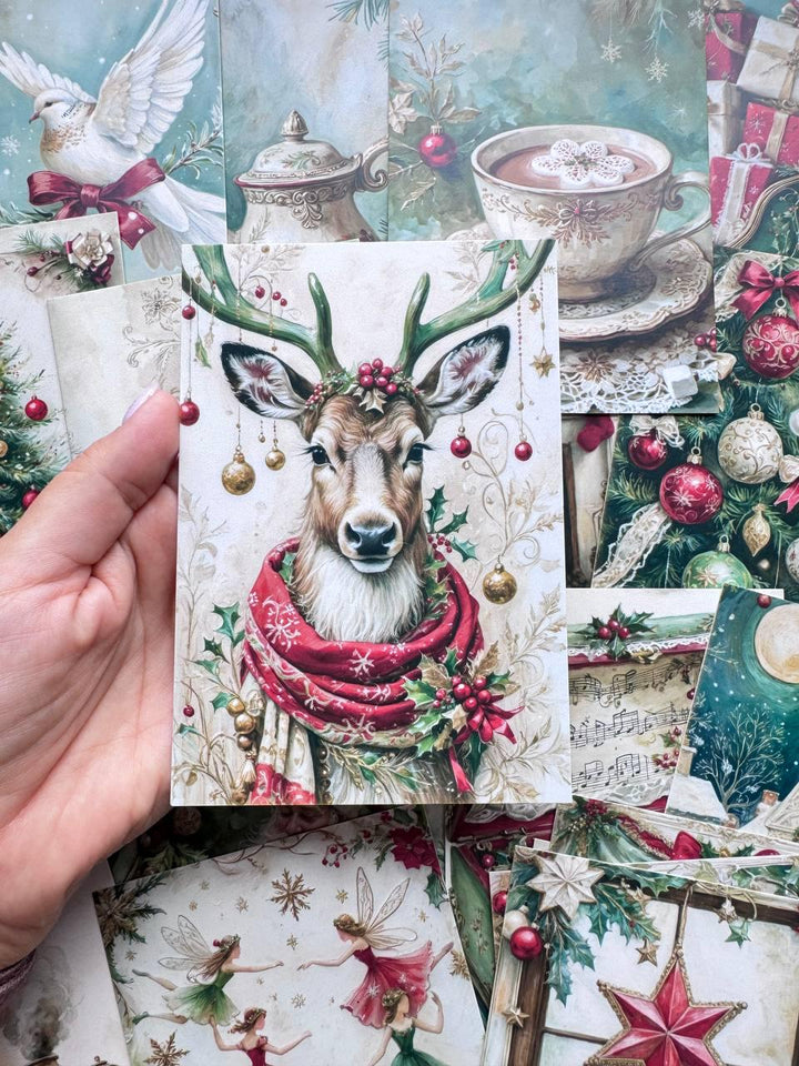 Set of 20 Vintage Christmas Postcards, Festive Winter Ephemera, Santa Reindeer & Holiday Cards, Junk Journal Supplies, 14.5 x 10 cm