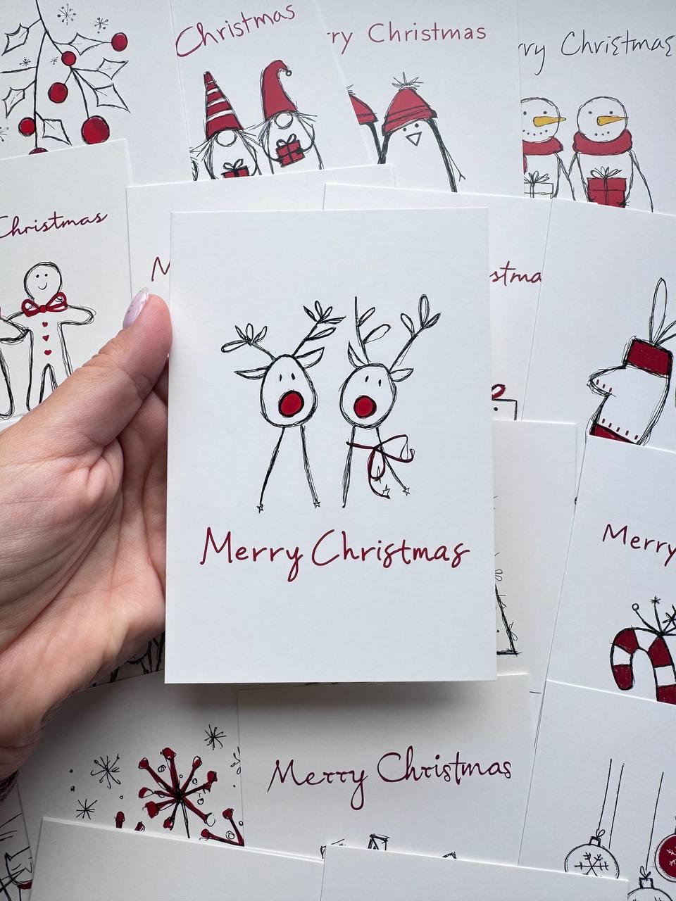 Set of 20 Minimalist Christmas Postcards, Cute Festive Cards, Reindeer Snowman Gnome Holiday Ephemera, Junk Journal Cards, 14.5 x 10 cm