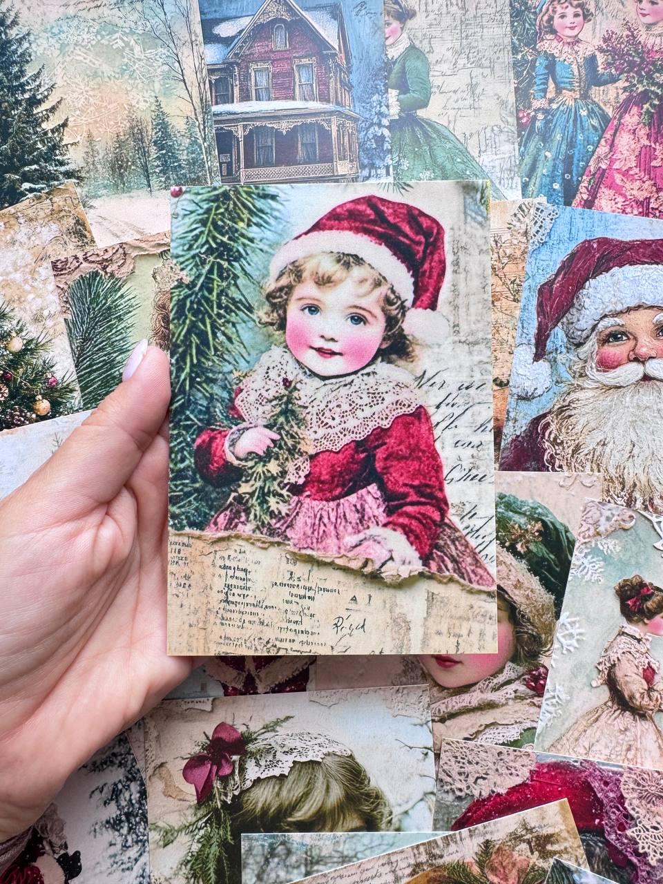 Set of 20 Vintage Christmas Postcards, Victorian Holiday Cards, Santa Reindeer Winter Ephemera, Junk Journal Supplies, 14.5 x 10 cm