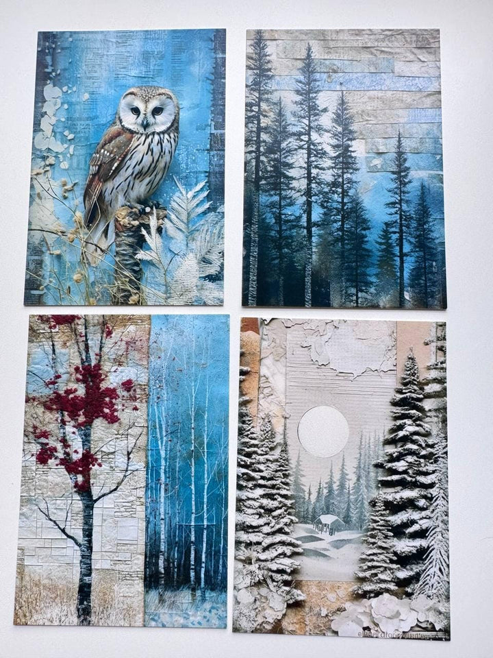 Set of 20 Winter Woodland Postcards, Deer Owl Forest Cards, Snowy Nature Ephemera, Junk Journal Supplies, 14.5 x 10 cm