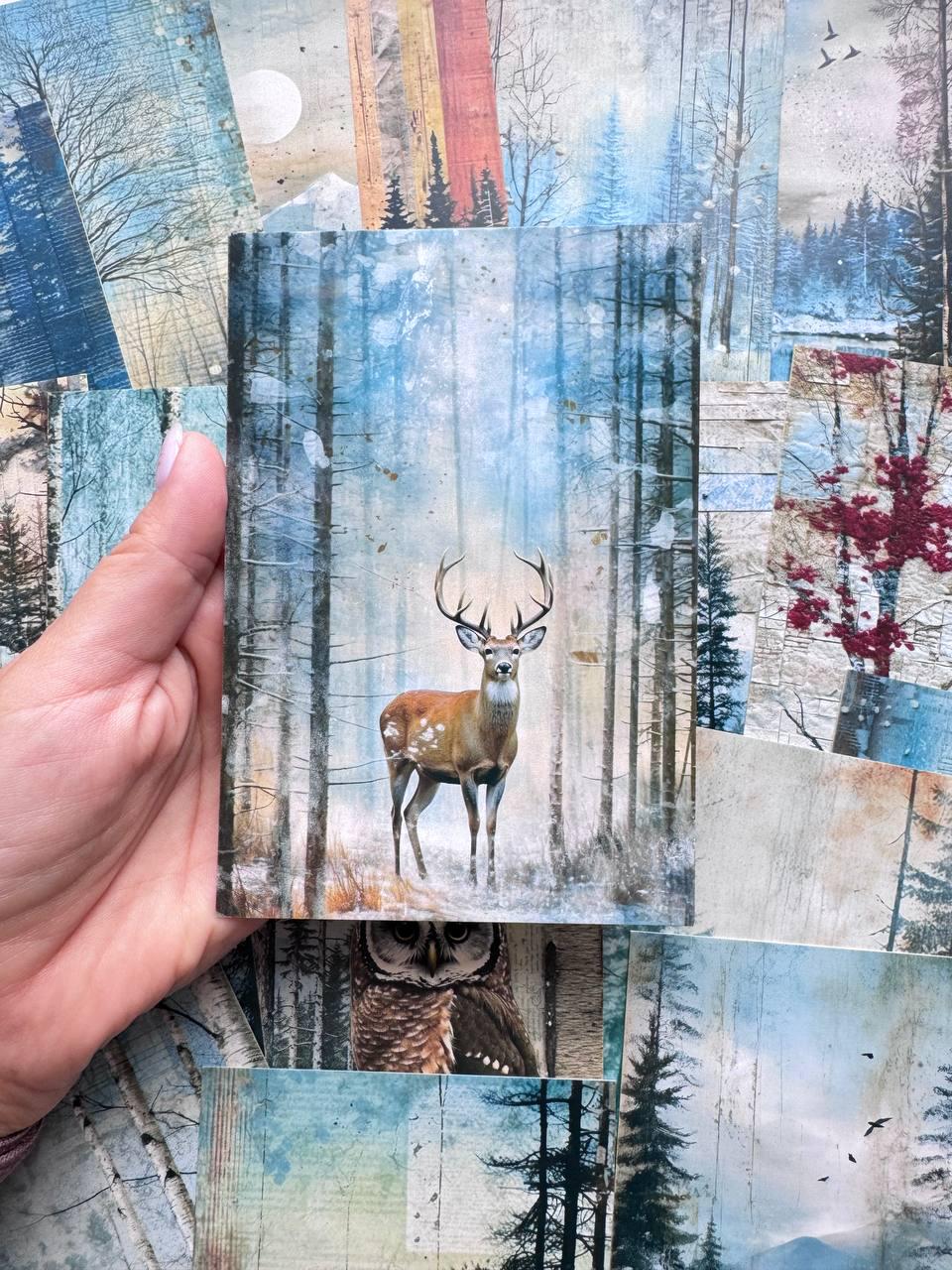 Set of 20 Winter Woodland Postcards, Deer Owl Forest Cards, Snowy Nature Ephemera, Junk Journal Supplies, 14.5 x 10 cm