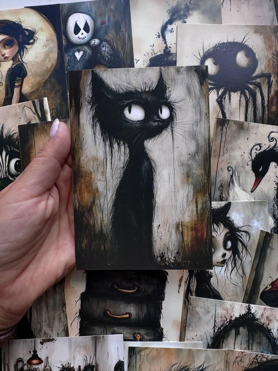 Set of 20 Dark Whimsical Gothic Postcards, Spooky Cat Spider Art Cards, Halloween Ephemera, Junk Journal Supplies, 14.5 x 10 cm