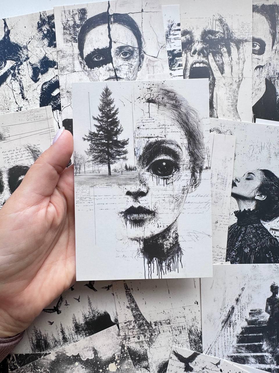 Set of 20 Black & White Gothic Postcards, Dark Surreal Art Cards, Creepy Portraits, Skull Ephemera, Junk Journal Supplies, 14.5 x 10 cm