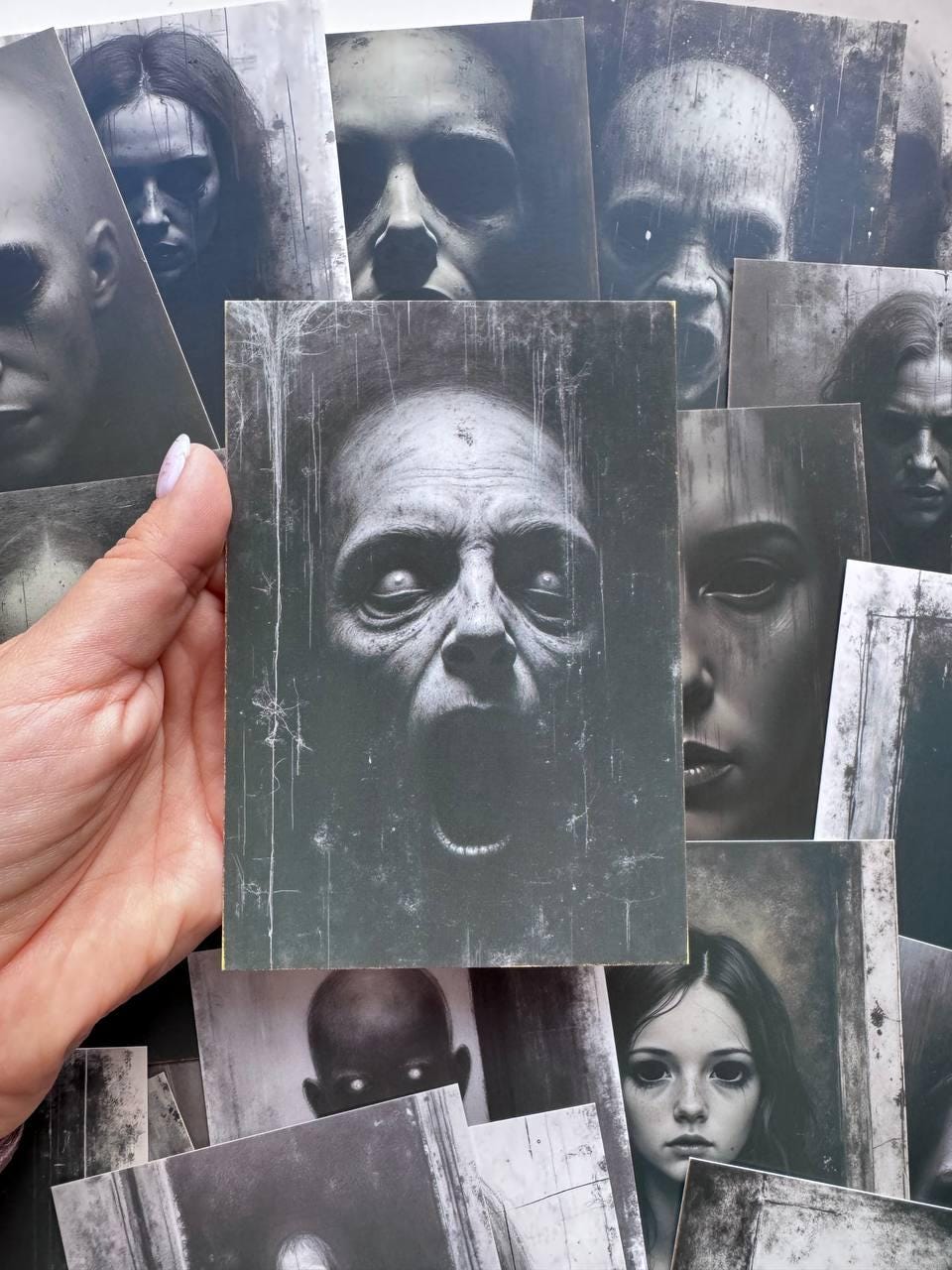Set of 20 Dark Horror Postcards, Creepy Gothic Portrait Cards, Black & White Spooky Art, Halloween Junk Journal Ephemera, 14.5 x 10 cm