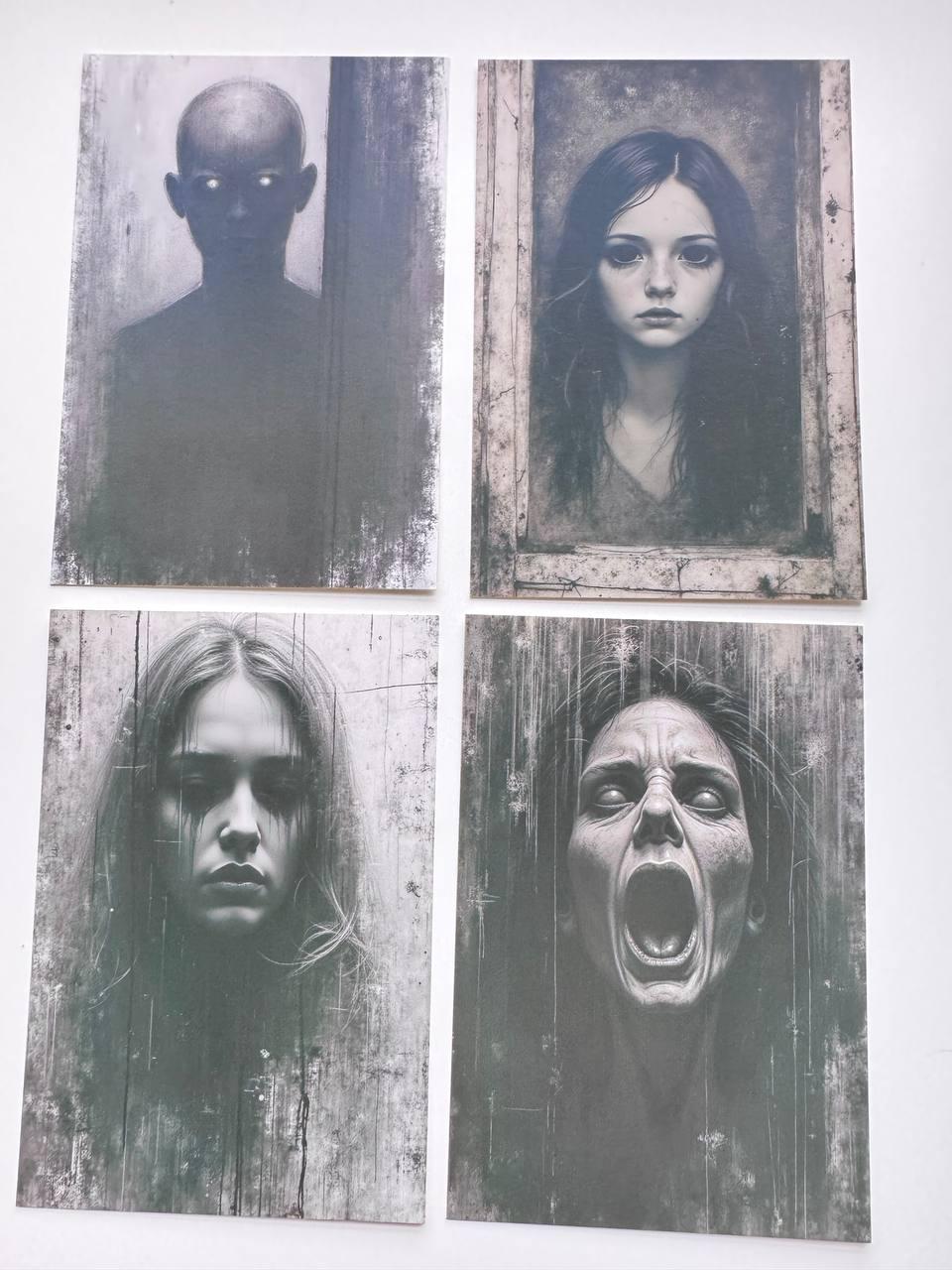 Set of 20 Dark Horror Postcards, Creepy Gothic Portrait Cards, Black & White Spooky Art, Halloween Junk Journal Ephemera, 14.5 x 10 cm
