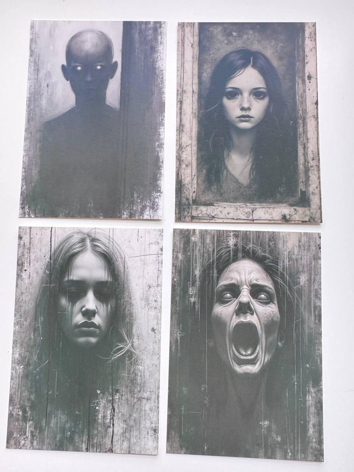 Set of 20 Dark Horror Postcards, Creepy Gothic Portrait Cards, Black & White Spooky Art, Halloween Junk Journal Ephemera, 14.5 x 10 cm