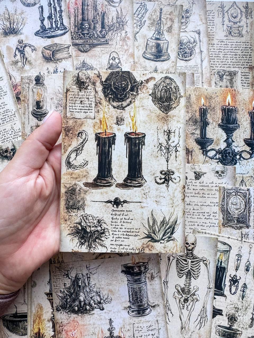 Set of 20 Gothic Occult Postcards, Dark Vintage Skeleton & Candle Cards, Witchy Junk Journal Ephemera, Halloween Paper Craft, 14.5 x 10 cm