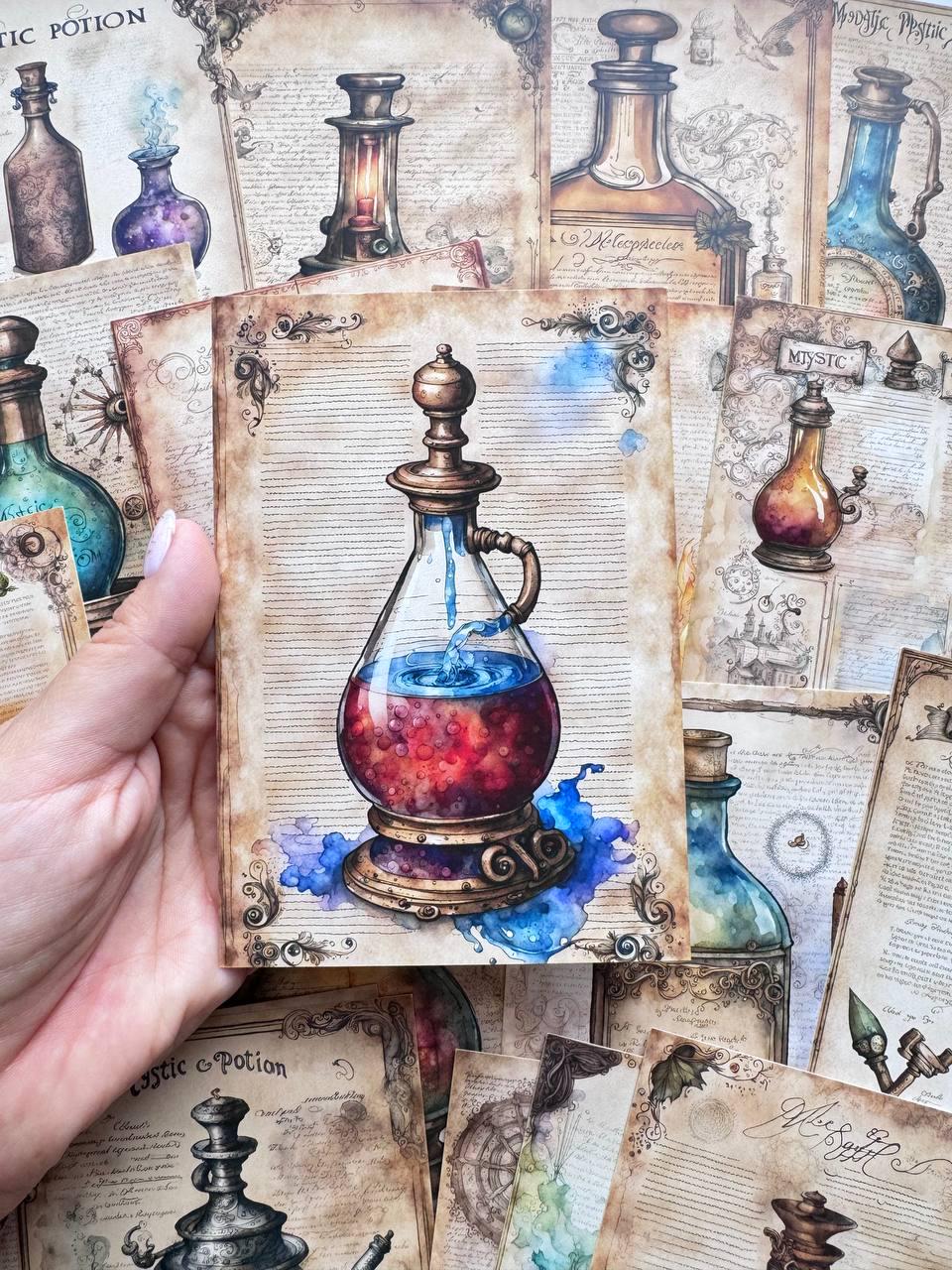 Set of 20 Mystic Potion Postcards, Vintage Apothecary Cards, Witchy Alchemy Ephemera, Magic Bottles, Junk Journal Supplies, 14.5 x 10 cm