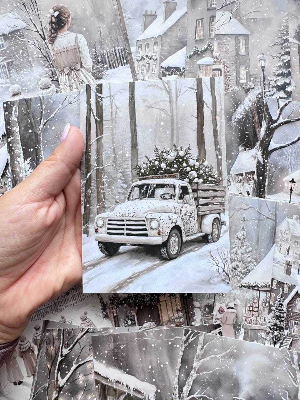 Set of 20 Winter Postcards, Snowy Village & Cottage Cards, Christmas Ephemera, Winter Junk Journal Supplies, 14.5 x 10 cm