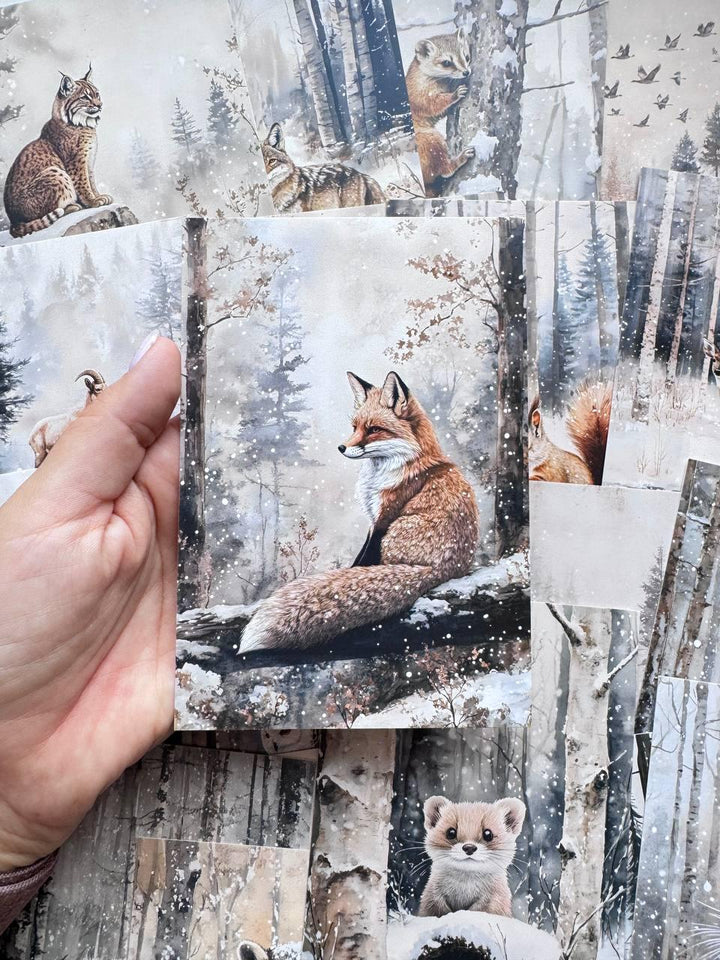 Set of 20 Winter Woodland Postcards, Forest Animals, Fox Deer Owl Wildlife Cards, Junk Journal Ephemera, 14.5 x 10 cm