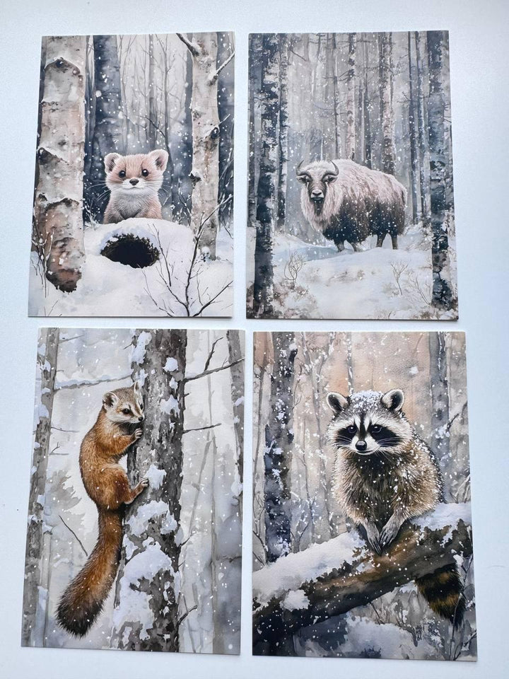 Set of 20 Winter Woodland Postcards, Forest Animals, Fox Deer Owl Wildlife Cards, Junk Journal Ephemera, 14.5 x 10 cm