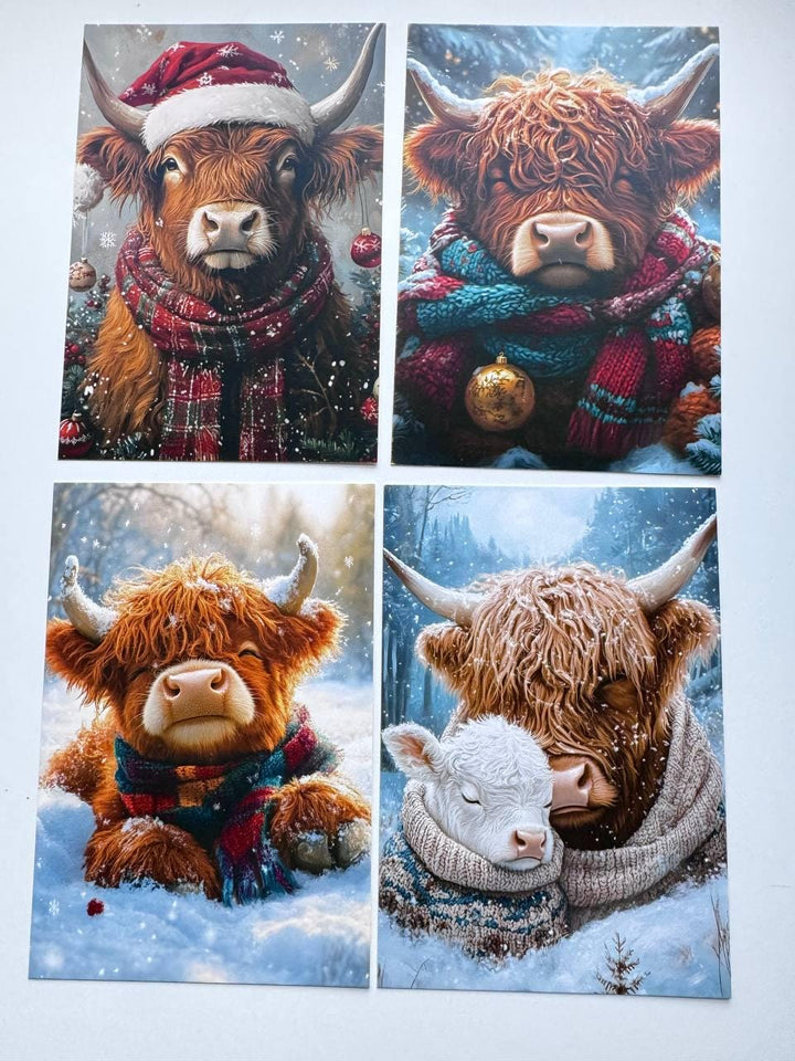 Set of 20 Highland Cow Winter Postcards, Christmas Highland Cattle Cards, Scottish Cow Journal Ephemera, 14.5 x 10 cm