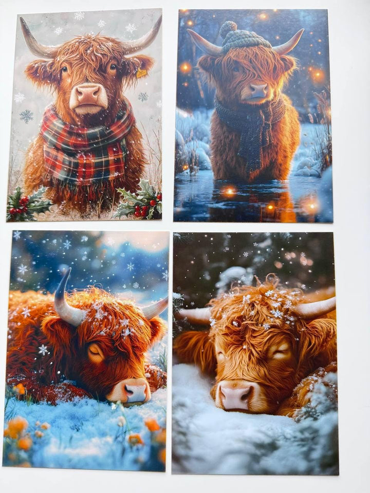 Set of 20 Highland Cow Winter Postcards, Christmas Highland Cattle Cards, Scottish Cow Journal Ephemera, 14.5 x 10 cm
