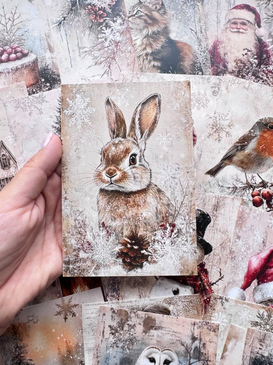 Set of 20 Vintage Christmas Postcards, Winter Woodland Animals, Santa Robin Rabbit Cards, Junk Journal Ephemera, 14.5 x 10 cm