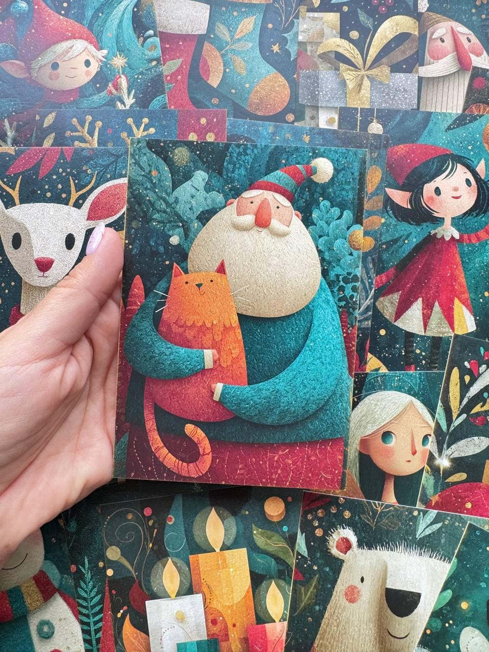 Set of 20 Whimsical Christmas Postcards, Santa Elf Reindeer Holiday Cards, Festive Junk Journal Ephemera, Scrapbooking, 14.5 x 10 cm