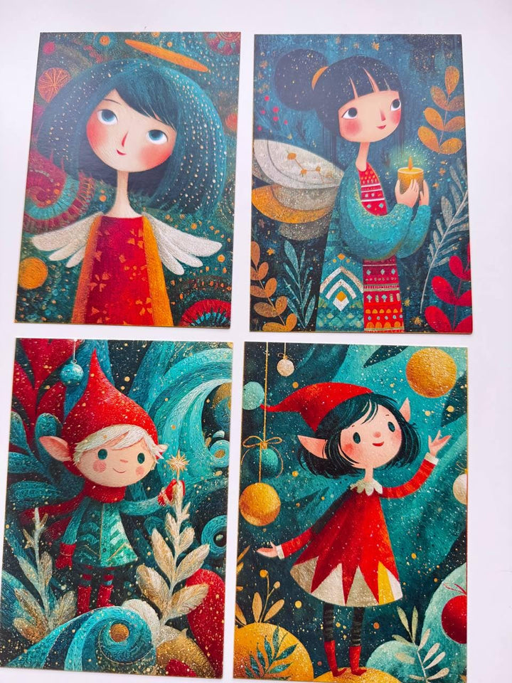 Set of 20 Whimsical Christmas Postcards, Santa Elf Reindeer Holiday Cards, Festive Junk Journal Ephemera, Scrapbooking, 14.5 x 10 cm