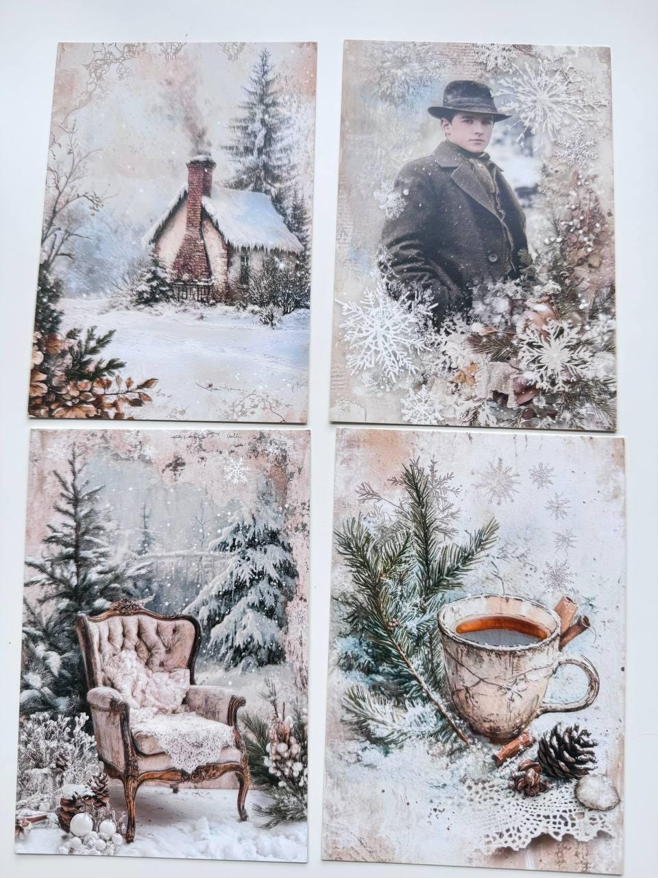 Set of 20 Vintage Winter Postcards, Snowy Forest & Christmas Cards, Snow Globe Ephemera, Junk Journal Supplies, 14.5 x 10 cm