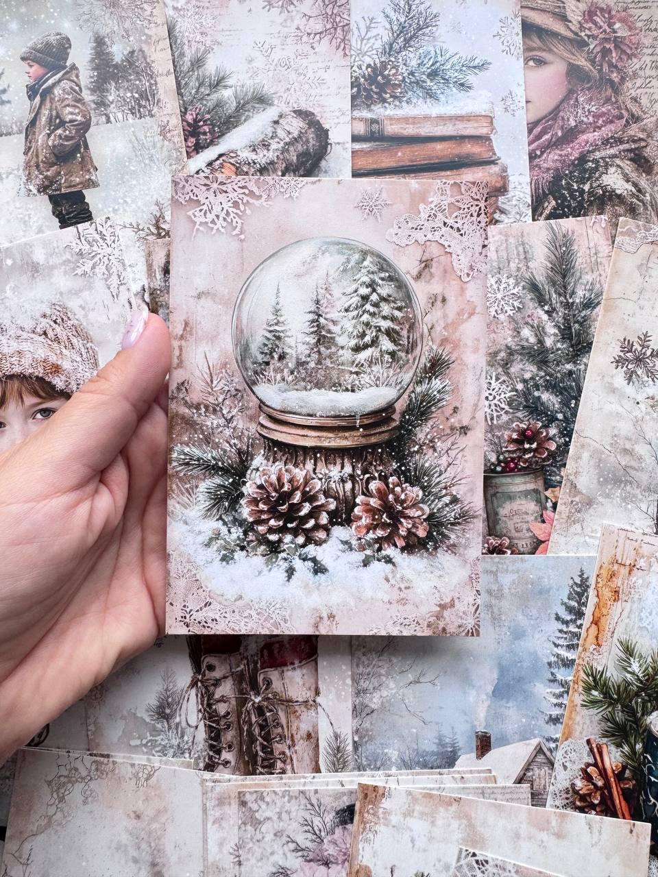 Set of 20 Vintage Winter Postcards, Snowy Forest & Christmas Cards, Snow Globe Ephemera, Junk Journal Supplies, 14.5 x 10 cm