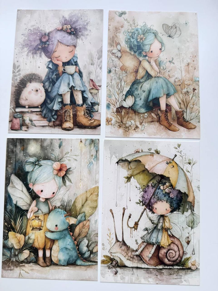 Set of 20 Whimsical Fairy Postcards, Cute Fantasy Girls, Woodland Creatures, Storybook Art Cards, Junk Journal Scrapbooking Ephemera