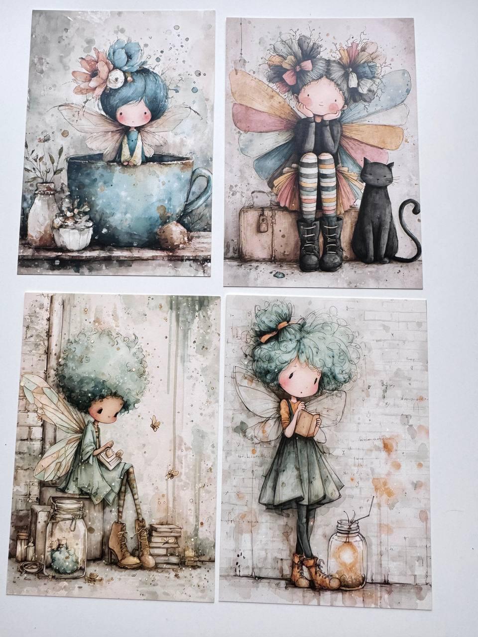 Set of 20 Whimsical Fairy Postcards, Cute Fantasy Girls, Woodland Creatures, Storybook Art Cards, Junk Journal Scrapbooking Ephemera
