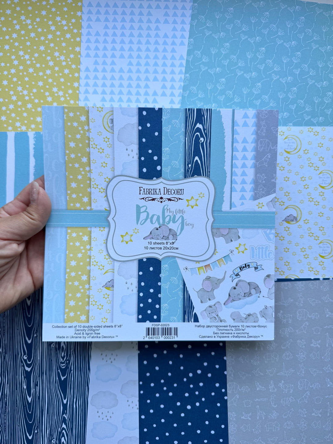 My Little Baby Boy Scrapbook Paper 8x8 Inch, 10 Double Sided Sheets, Elephant Baby Paper, Junk Journal, Card Making Supplies