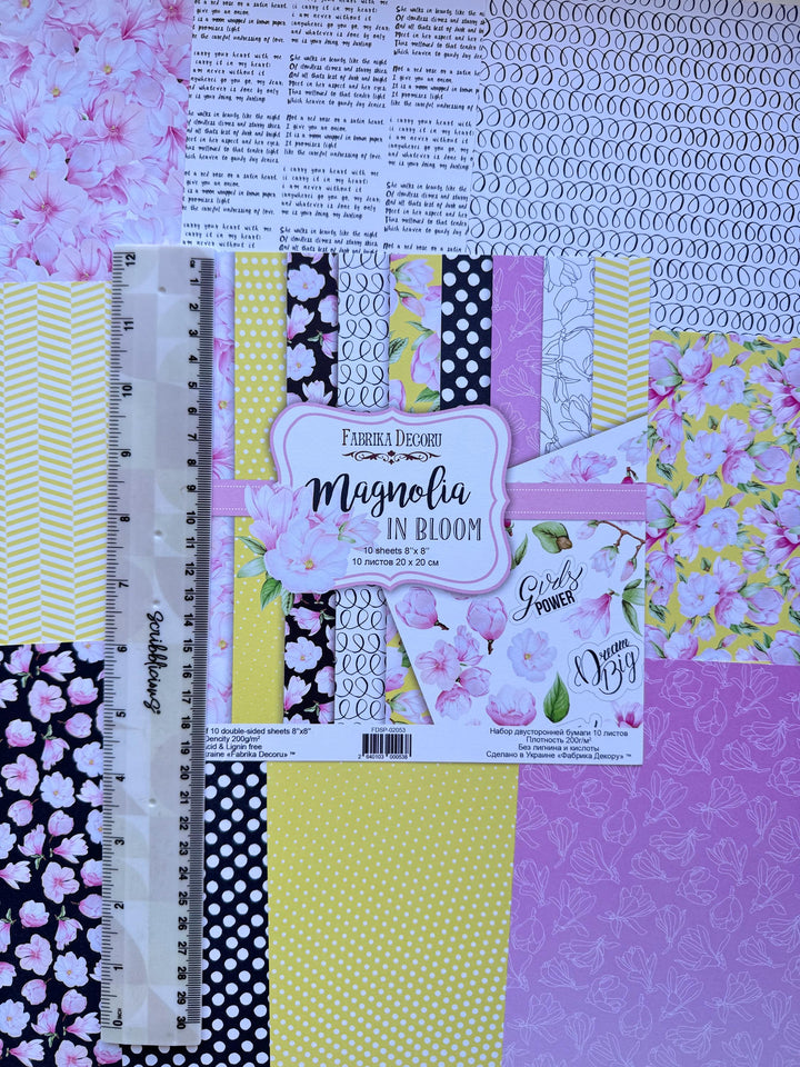 Magnolia in Bloom Scrapbook Paper 8x8 Inch, 10 Double Sided Sheets, Floral Craft Paper, Junk Journal, Card Making Supplies
