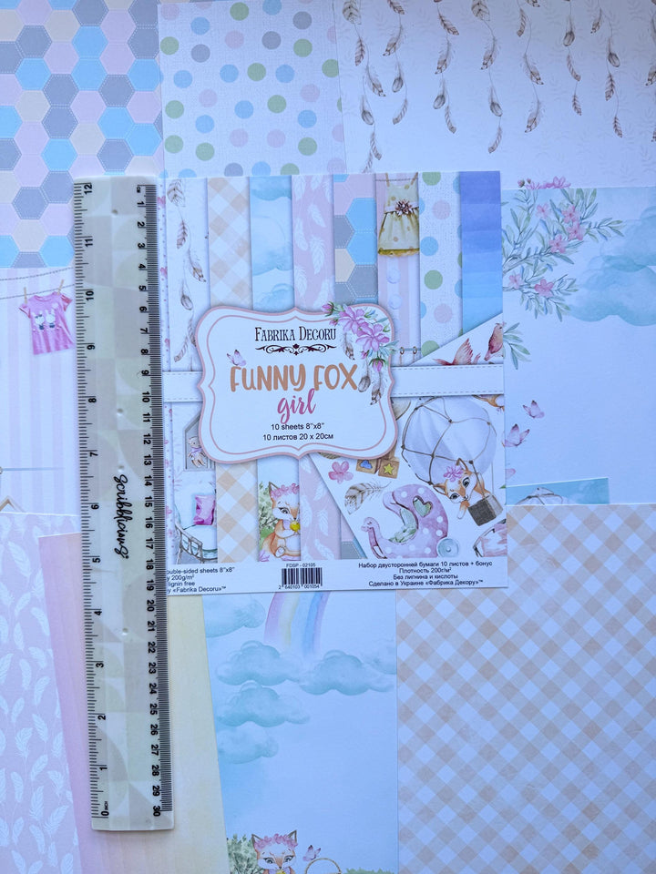 Funny Fox Girl Scrapbook Paper 8x8, 10 Double Sided Sheets, Cute Fox Paper, Baby Girl Album, Junk Journal, Card Making
