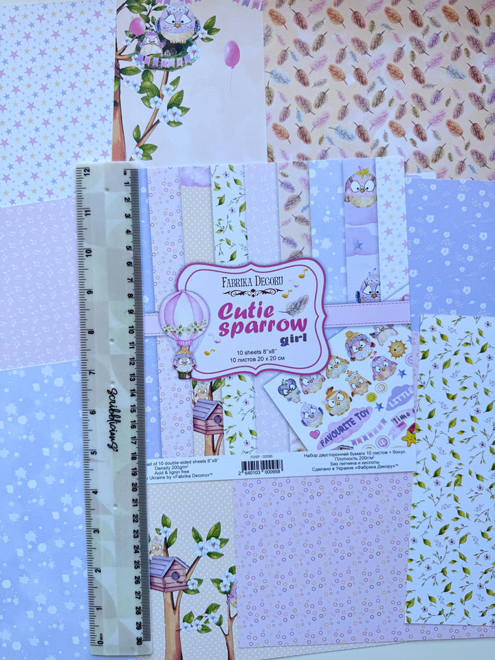 Cutie Sparrow Girl Scrapbook Paper 8x8 Inch, 10 Double Sided Sheets, Baby Girl Craft Paper, Card Making, Junk Journal Supplies