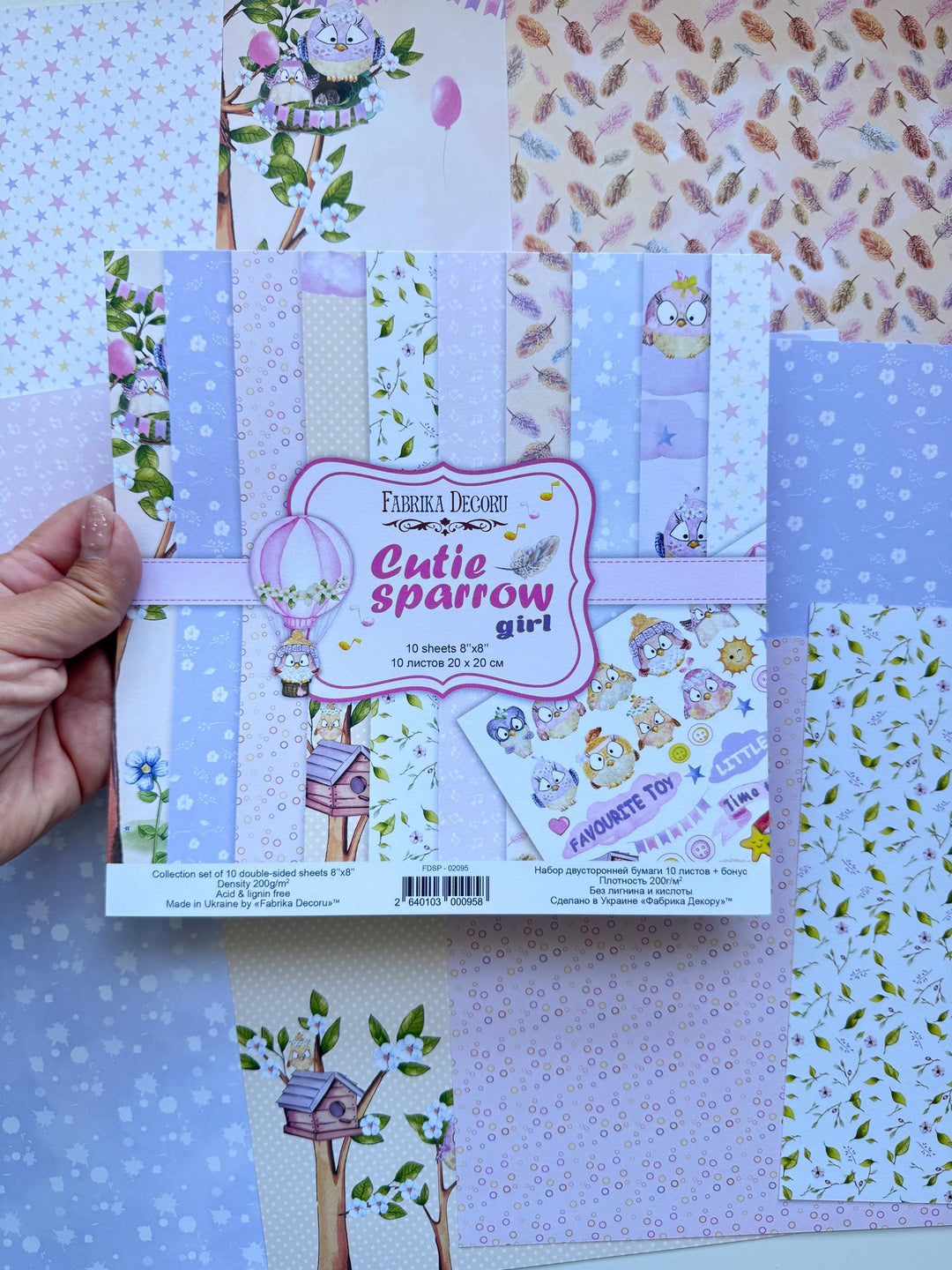 Cutie Sparrow Girl Scrapbook Paper 8x8 Inch, 10 Double Sided Sheets, Baby Girl Craft Paper, Card Making, Junk Journal Supplies