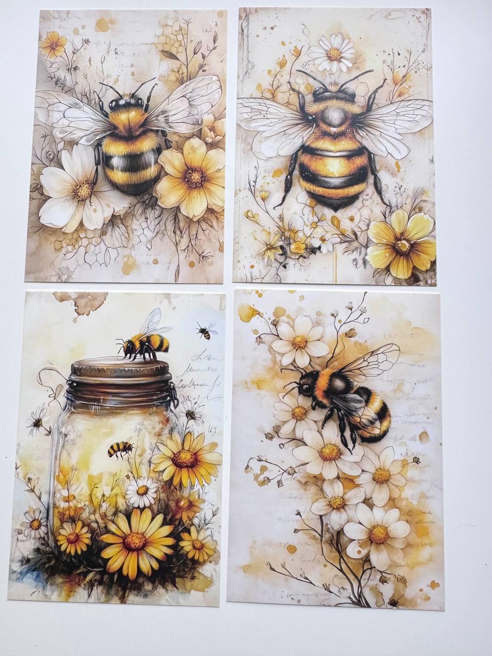 Set of 20 Bee & Honey Postcards, Botanical Wildflower Cards, Bumblebee Ephemera for Junk Journal, Scrapbooking, 14.5 x 10 cm