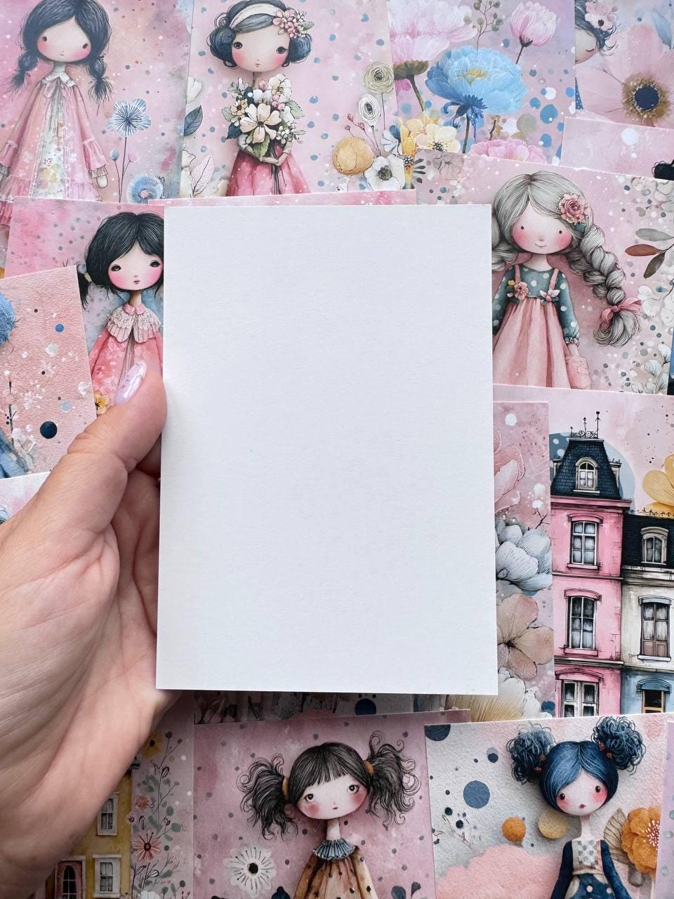 Set of 20 Cute Girl Postcards, Pastel Floral Illustrations, Whimsical Art Cards for Junk Journal & Scrapbooking, 14.5 x 10 cm