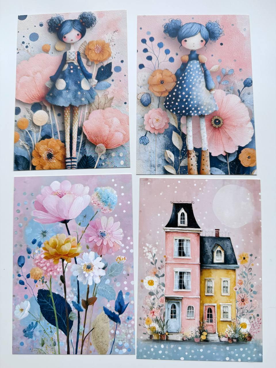 Set of 20 Cute Girl Postcards, Pastel Floral Illustrations, Whimsical Art Cards for Junk Journal & Scrapbooking, 14.5 x 10 cm