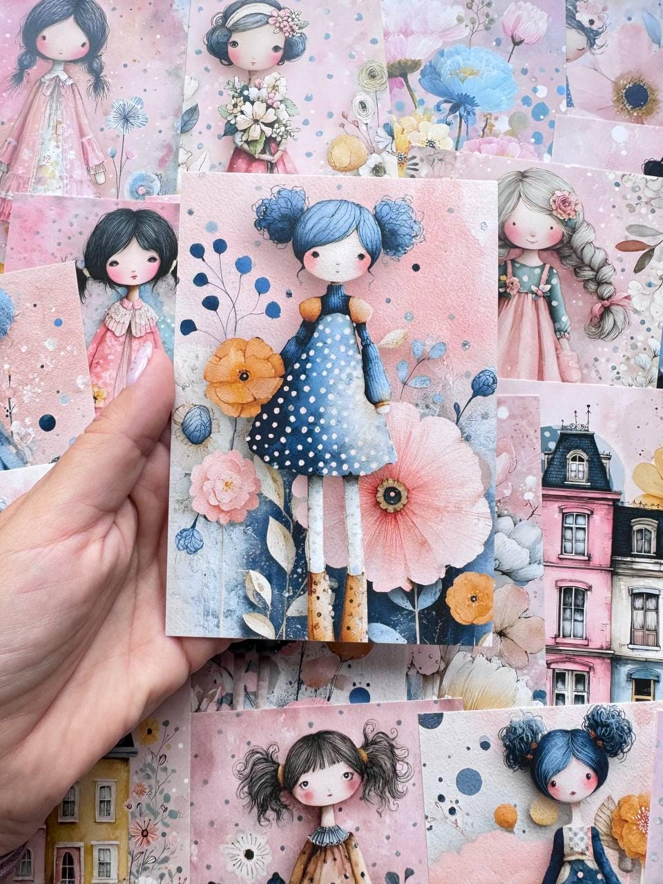 Set of 20 Cute Girl Postcards, Pastel Floral Illustrations, Whimsical Art Cards for Junk Journal & Scrapbooking, 14.5 x 10 cm