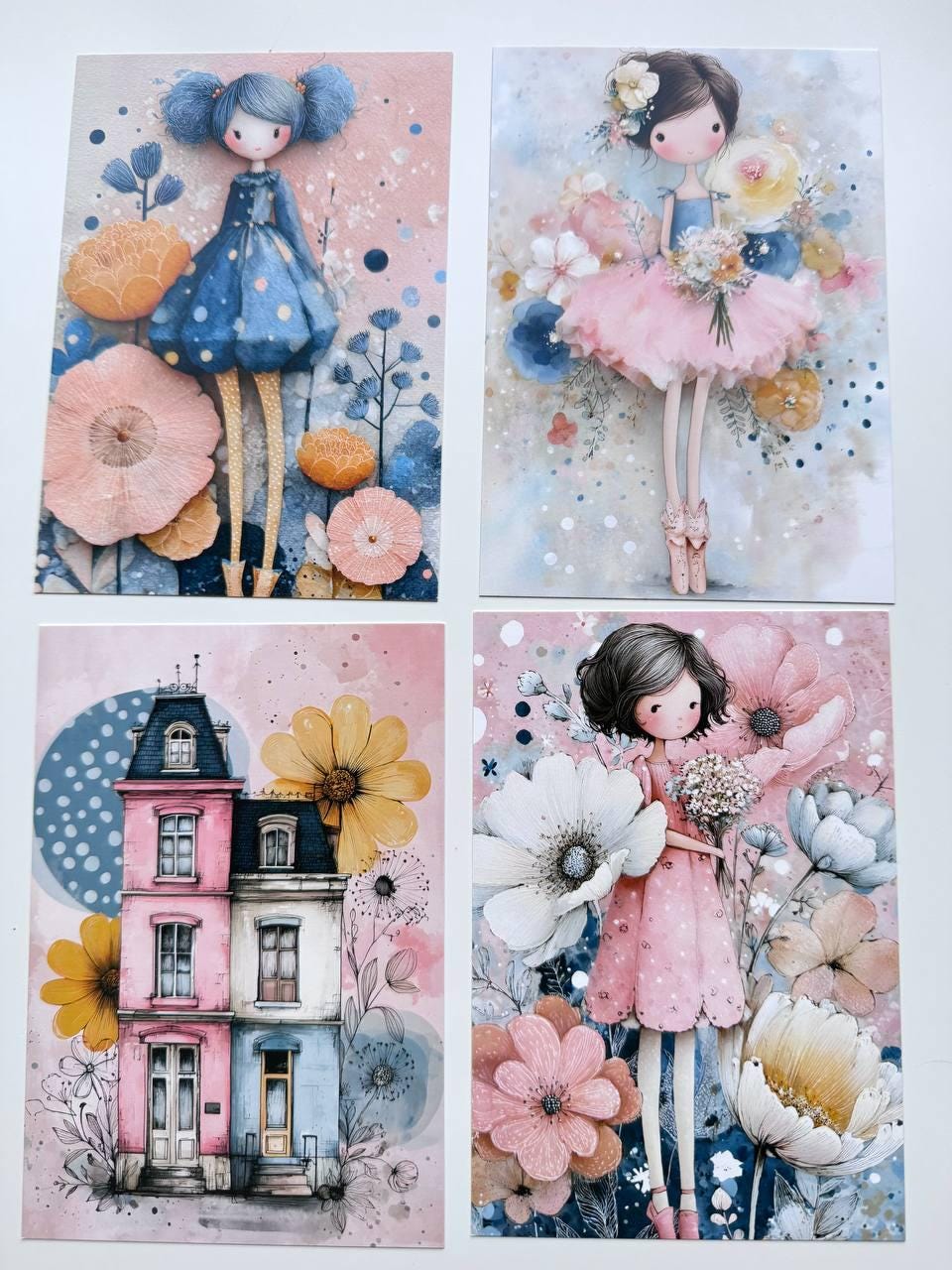 Set of 20 Cute Girl Postcards, Pastel Floral Illustrations, Whimsical Art Cards for Junk Journal & Scrapbooking, 14.5 x 10 cm