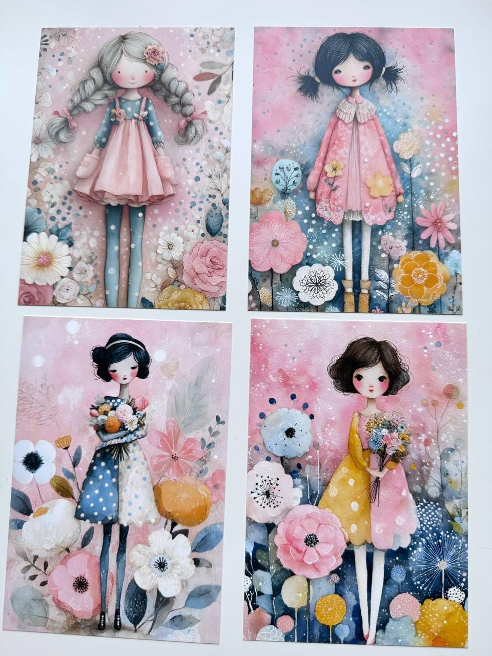 Set of 20 Cute Girl Postcards, Pastel Floral Illustrations, Whimsical Art Cards for Junk Journal & Scrapbooking, 14.5 x 10 cm