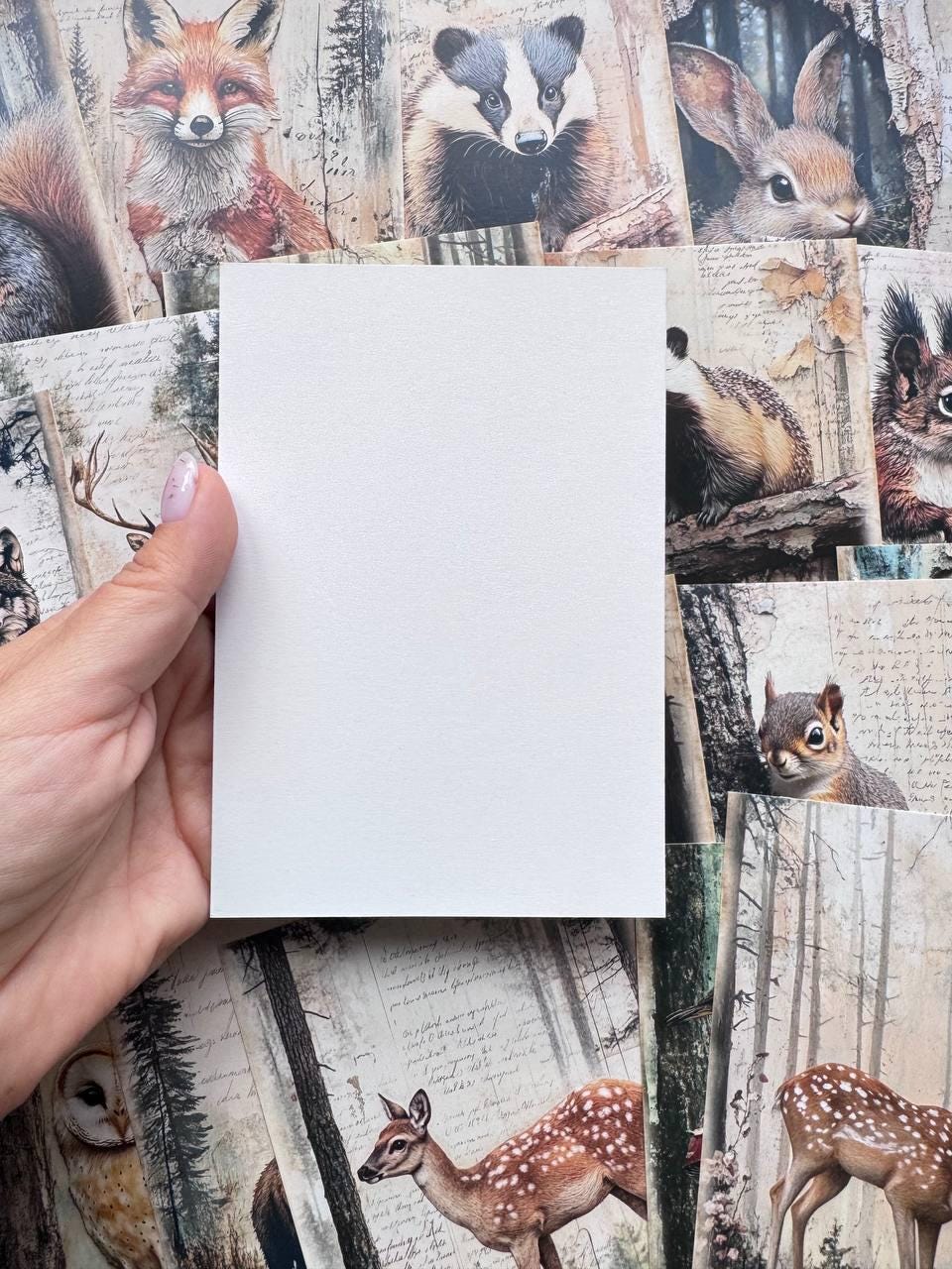 Set of 20 Woodland Animal Postcards, Vintage Forest Wildlife Cards, Rabbit Deer Fox Bird Ephemera for Junk Journal & Scrapbooking