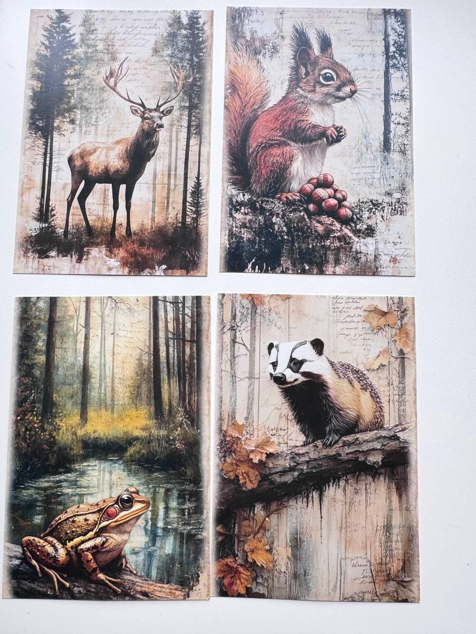 Set of 20 Woodland Animal Postcards, Vintage Forest Wildlife Cards, Rabbit Deer Fox Bird Ephemera for Junk Journal & Scrapbooking