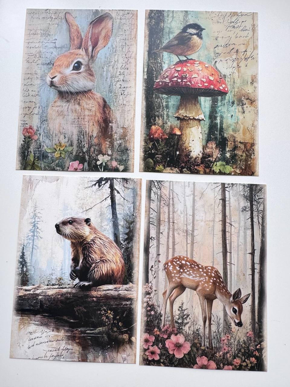 Set of 20 Woodland Animal Postcards, Vintage Forest Wildlife Cards, Rabbit Deer Fox Bird Ephemera for Junk Journal & Scrapbooking