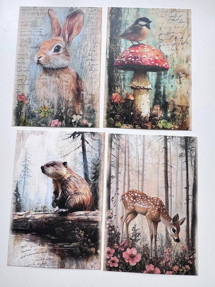 Set of 20 Woodland Animal Postcards, Vintage Forest Wildlife Cards, Rabbit Deer Fox Bird Ephemera for Junk Journal & Scrapbooking