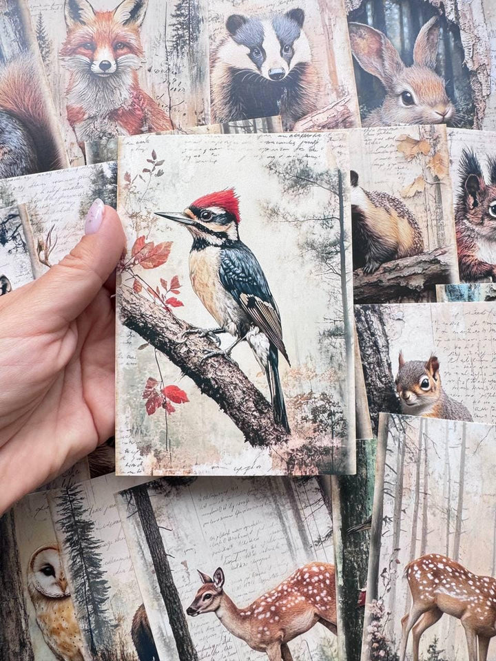 Set of 20 Woodland Animal Postcards, Vintage Forest Wildlife Cards, Rabbit Deer Fox Bird Ephemera for Junk Journal & Scrapbooking