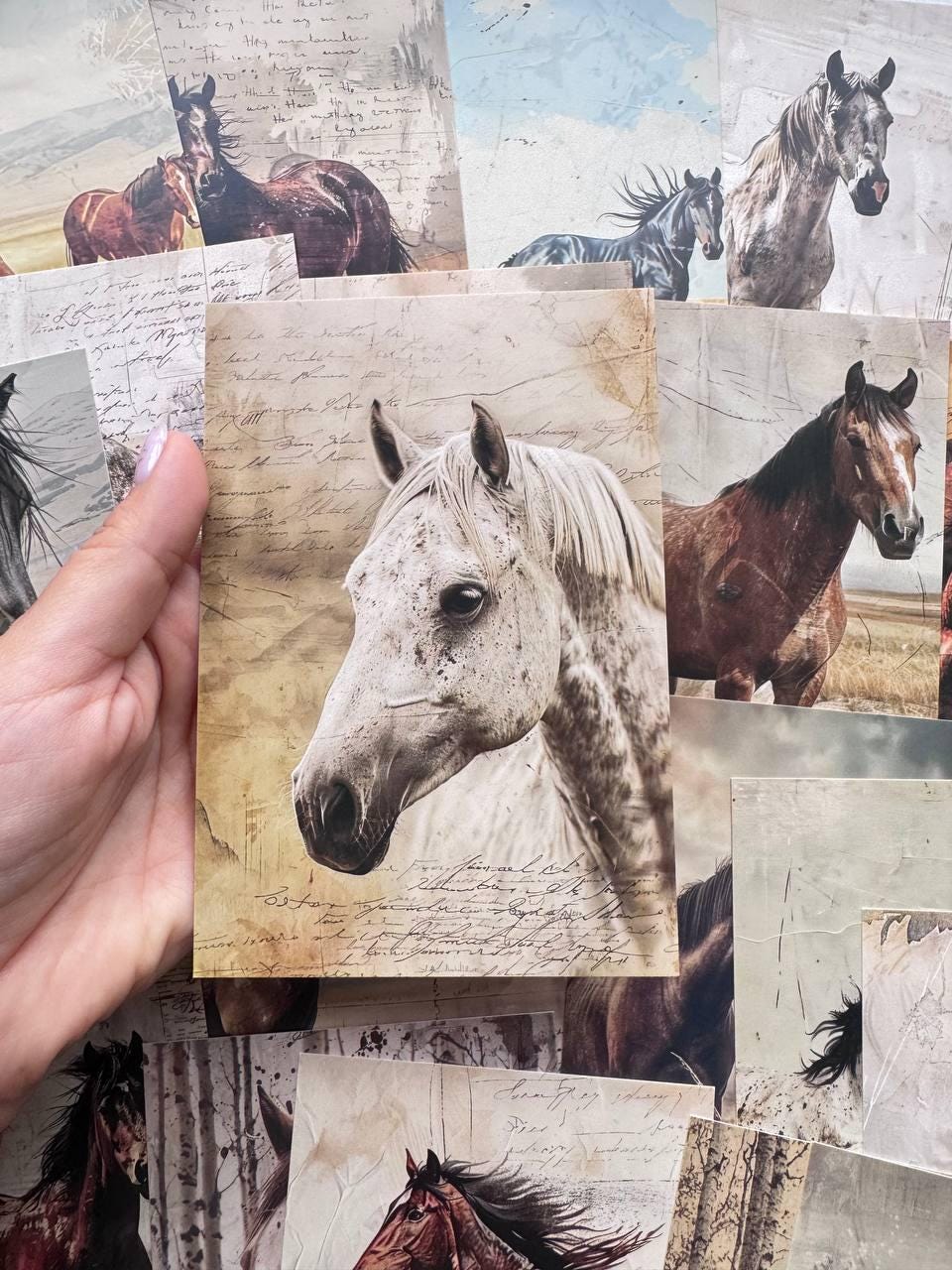 Set of 20 Horse Postcards, Vintage Equestrian Cards, Rustic Horse Ephemera, Farm Animal Cards for Junk Journal & Scrapbooking