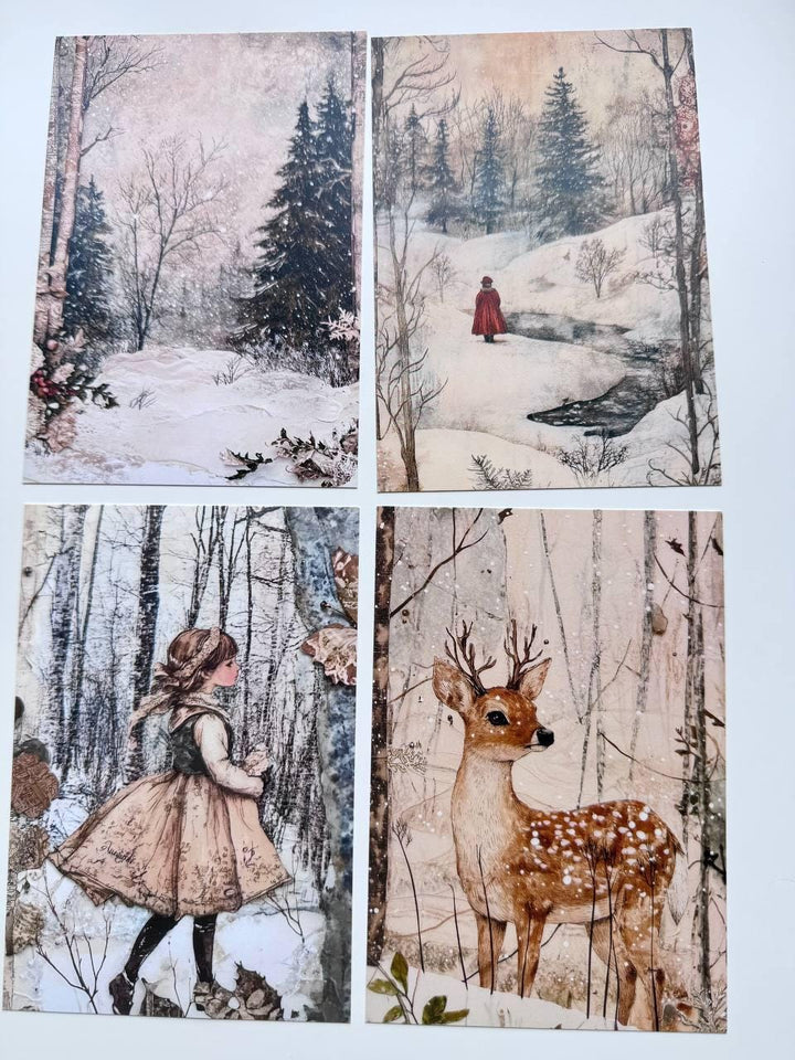 Set of 20 Winter Woodland Postcards, Snowy Forest Deer & Rabbit Cards, Vintage Winter Ephemera, Junk Journal Scrapbooking, 14.5 x 10 cm