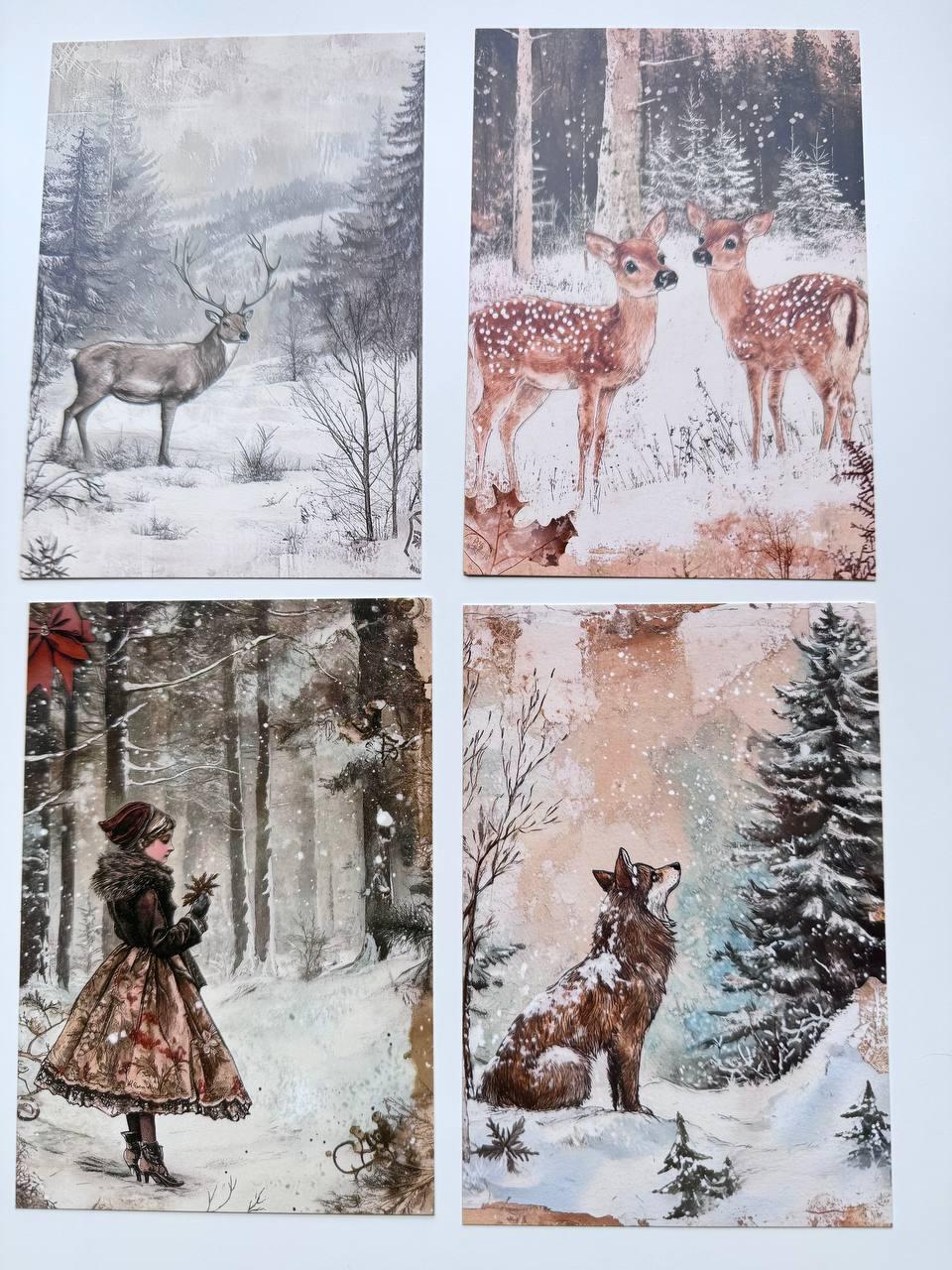 Set of 20 Winter Woodland Postcards, Snowy Forest Deer & Rabbit Cards, Vintage Winter Ephemera, Junk Journal Scrapbooking, 14.5 x 10 cm