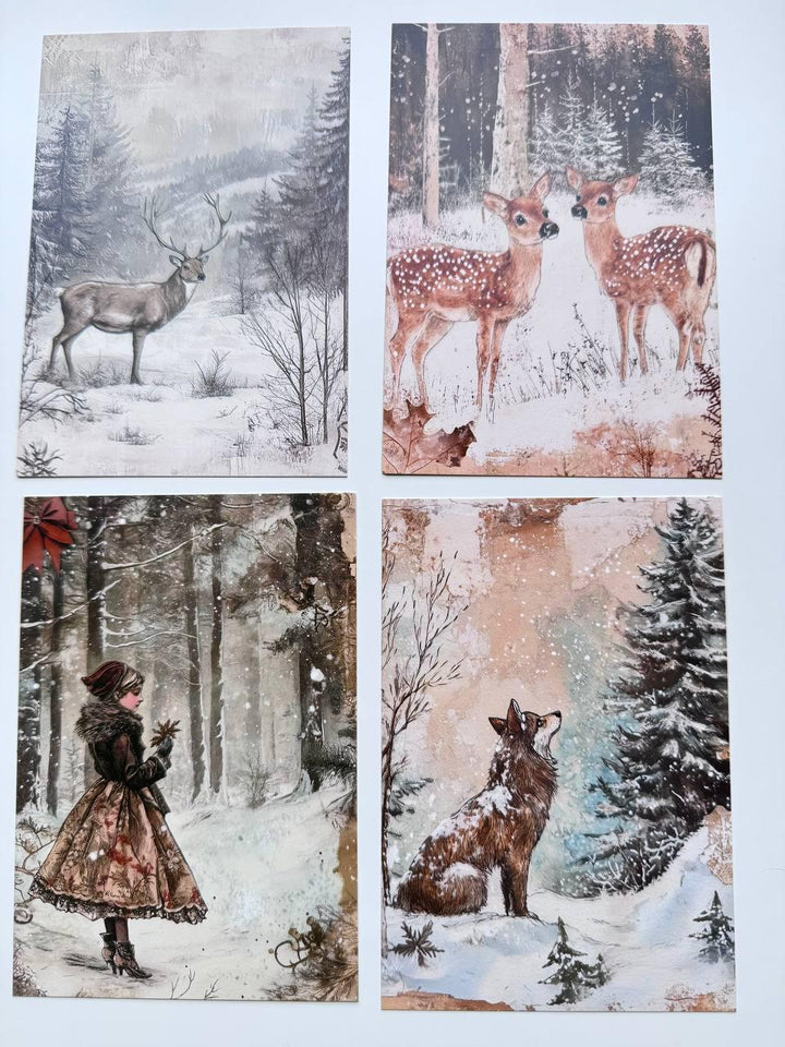 Set of 20 Winter Woodland Postcards, Snowy Forest Deer & Rabbit Cards, Vintage Winter Ephemera, Junk Journal Scrapbooking, 14.5 x 10 cm