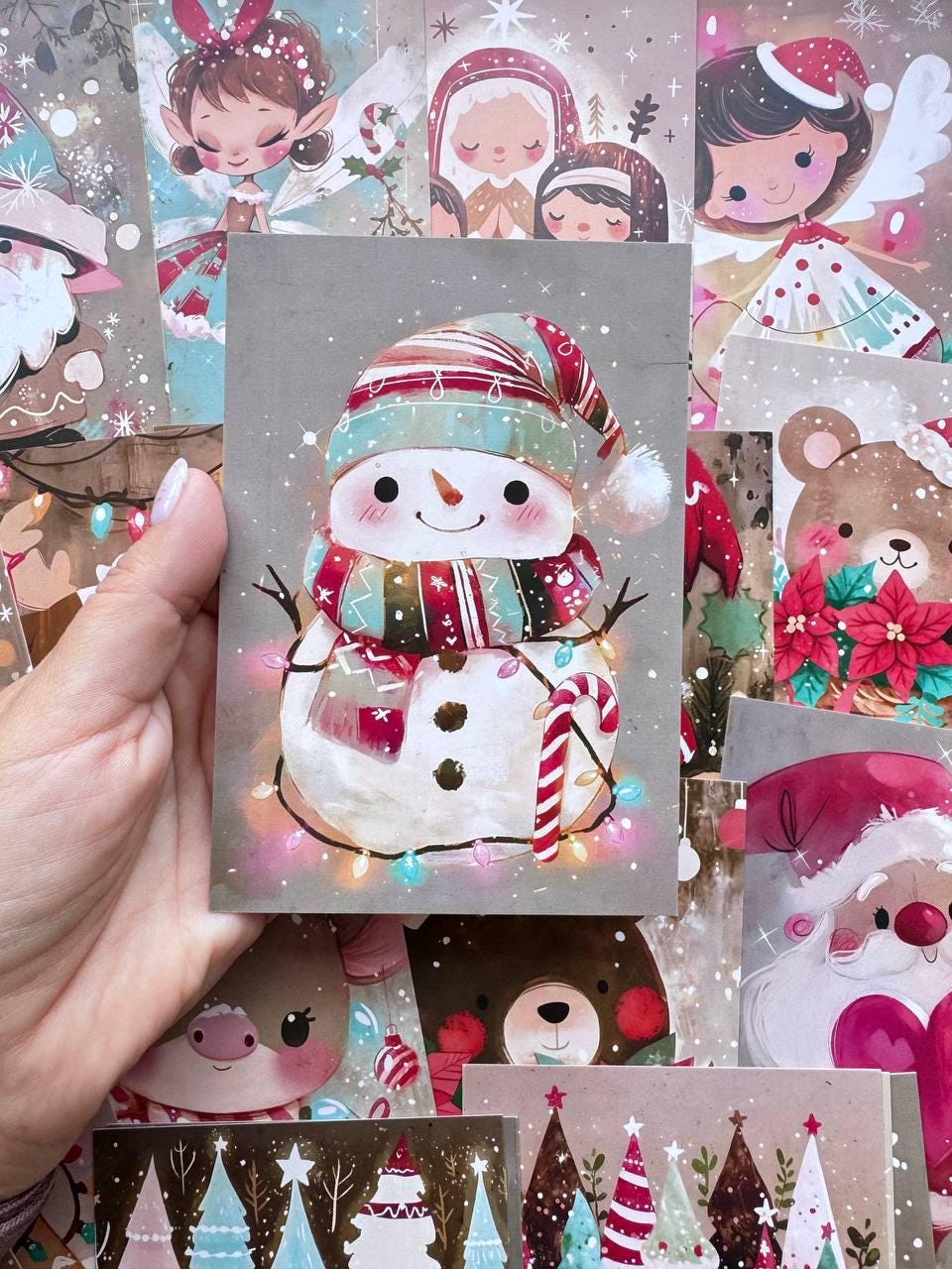 Set of 20 Cute Christmas Postcards, Santa Reindeer Snowman Angel Holiday Cards, Kawaii Christmas Junk Journal Ephemera, 14.5 x 10 cm