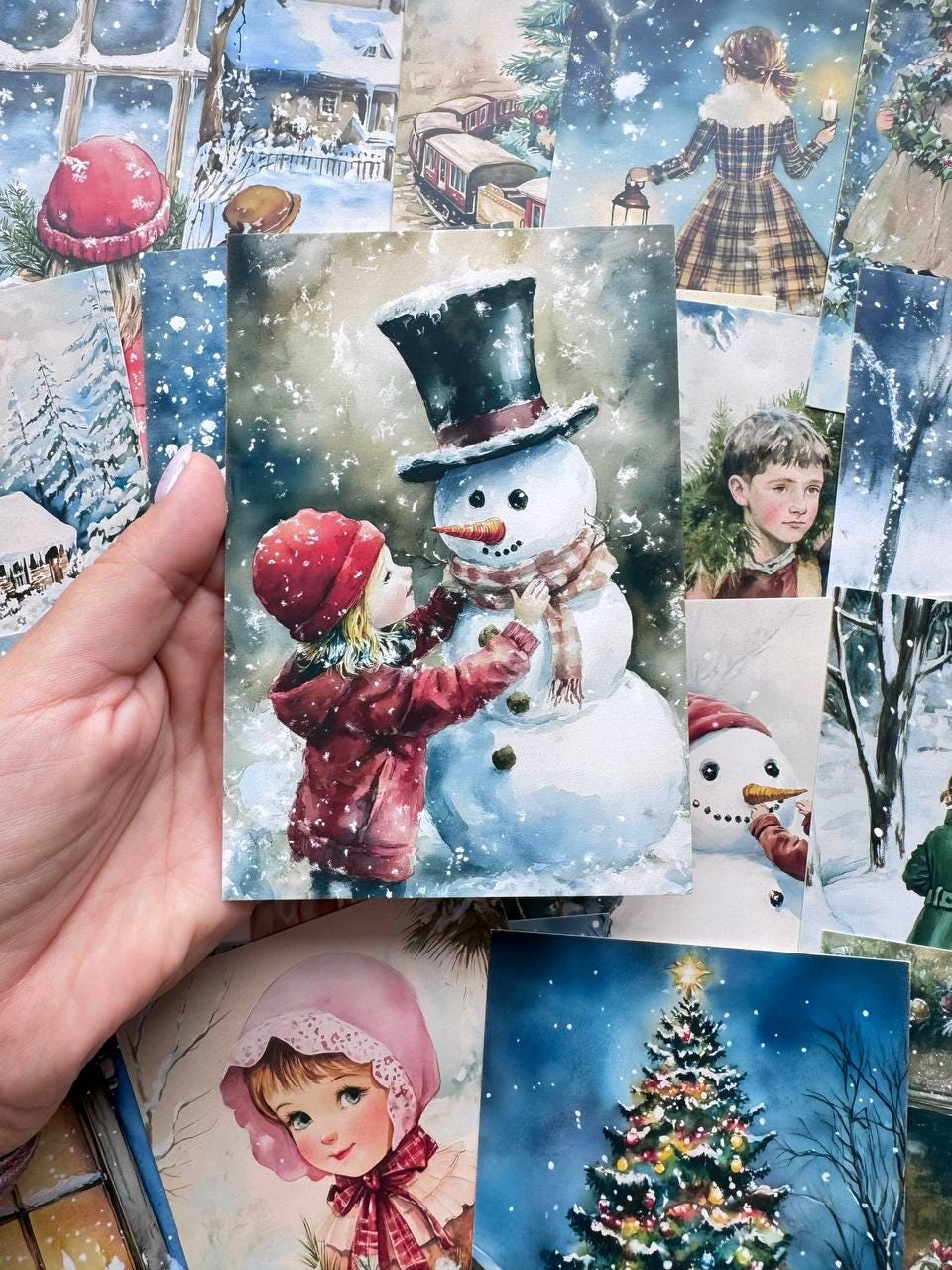 Set of 20 Winter Christmas Postcards, Snowy Children & Snowman Cards, Vintage Style Holiday Ephemera, Junk Journal Supplies, 14.5 x 10 cm