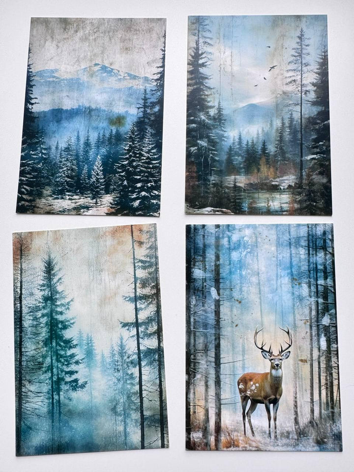 Set of 20 Winter Woodland Postcards, Deer Owl Forest Cards, Snowy Nature Ephemera, Junk Journal Supplies, 14.5 x 10 cm