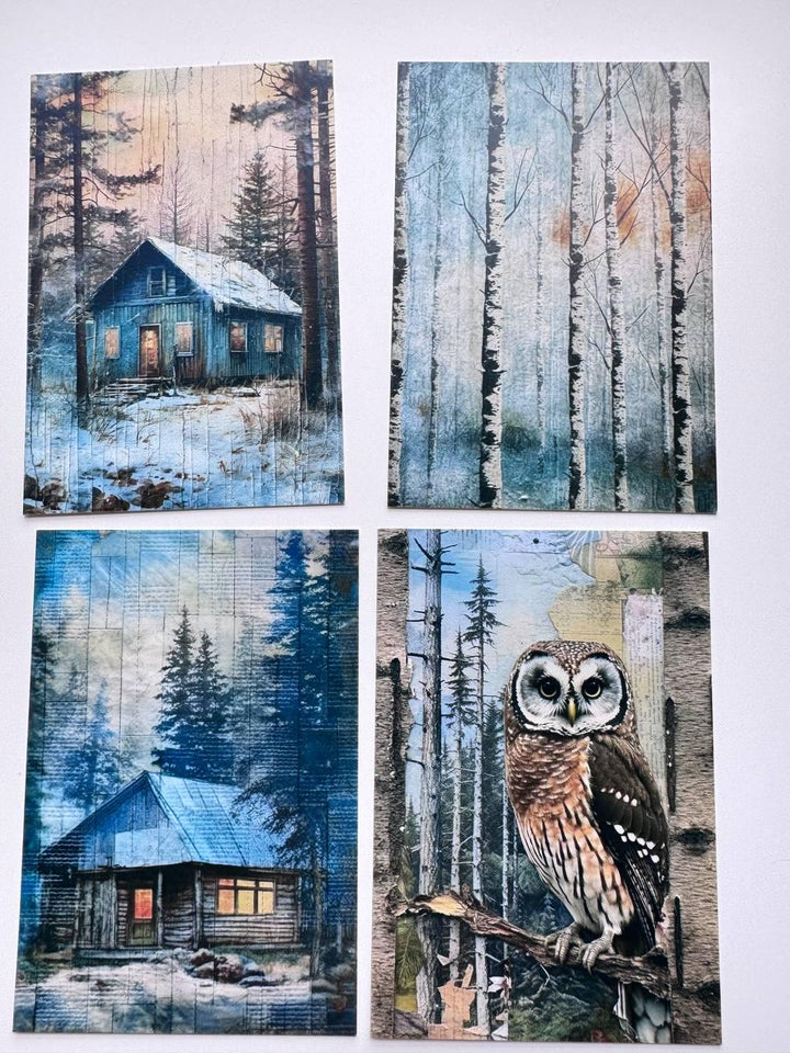 Set of 20 Winter Woodland Postcards, Deer Owl Forest Cards, Snowy Nature Ephemera, Junk Journal Supplies, 14.5 x 10 cm